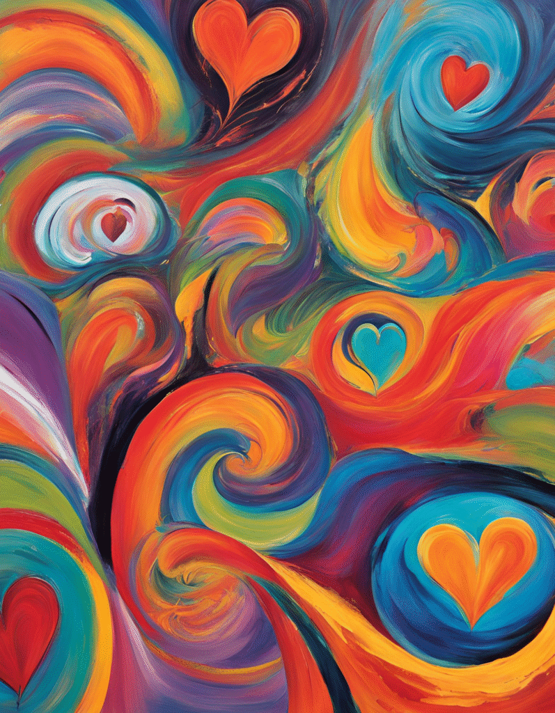 Colorful abstract heart swirl artwork — vibrant tones of orange, red, and purple.