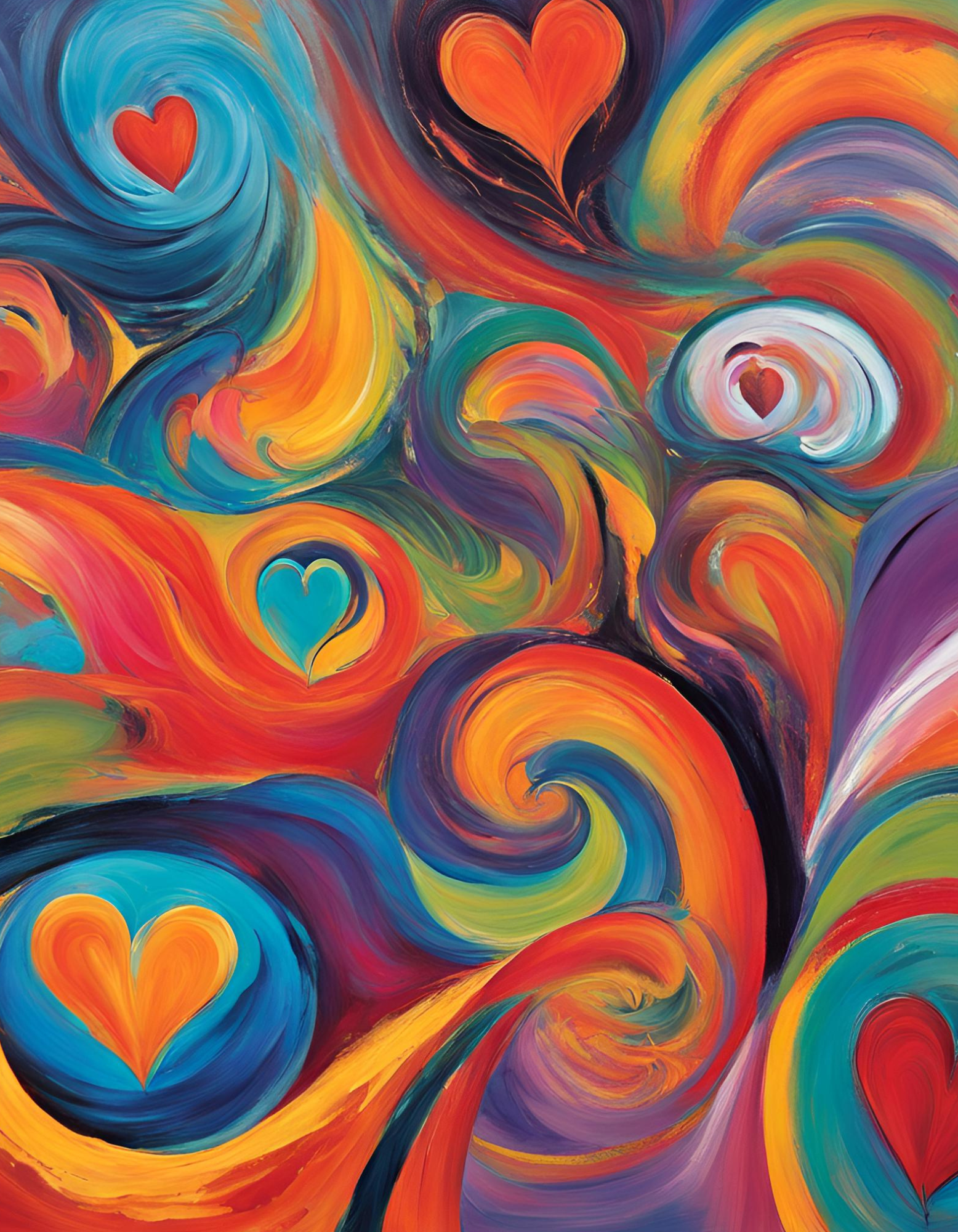Colorful abstract heart swirl artwork — vibrant tones of orange, red, and purple.
